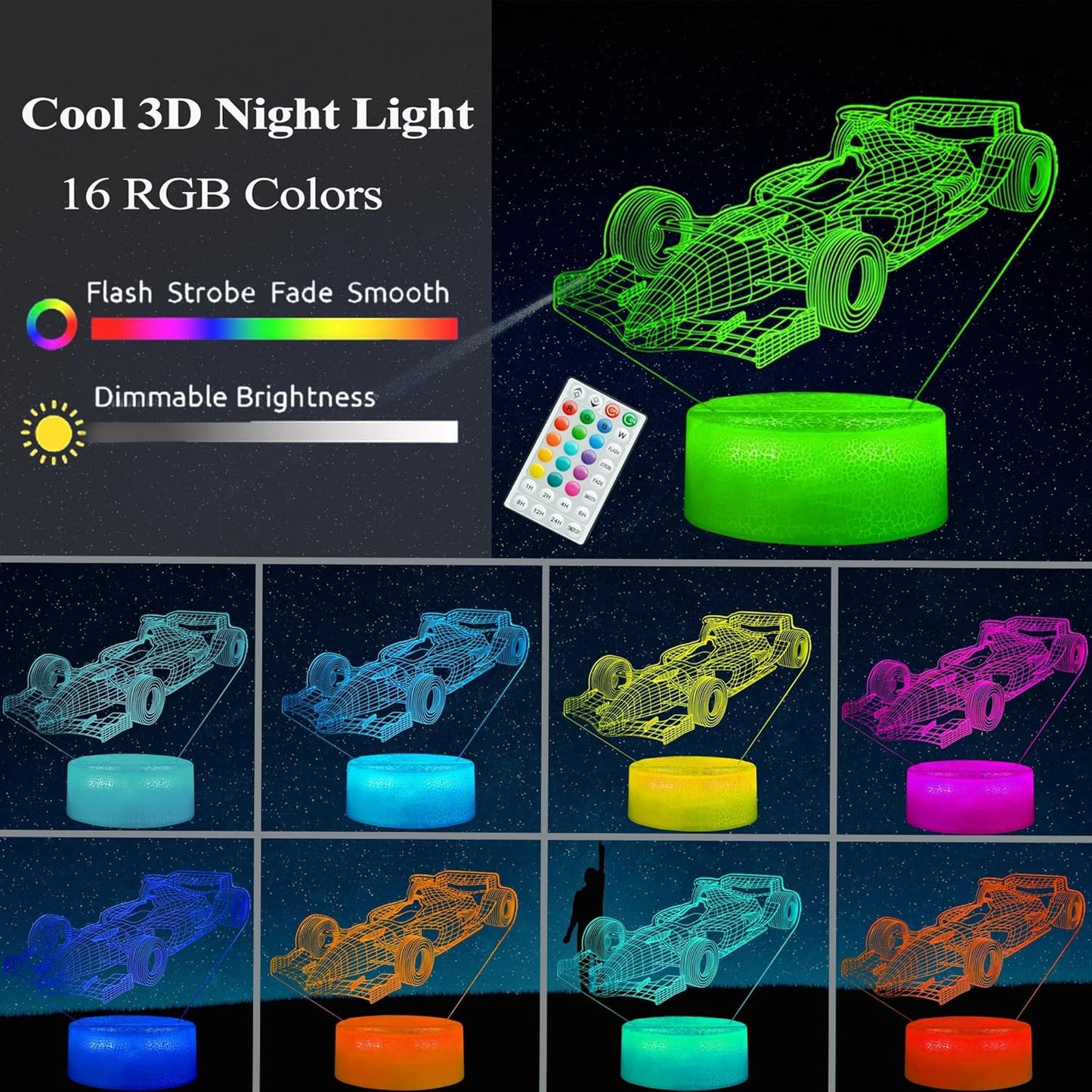 F1 Car Gifts for Boy, Formula One Night Light with Remote Control, 16 Colors Changing, RGB Flashing Mode and Dimmable, Sport Race Car Gifts for Boys Christmas Decor